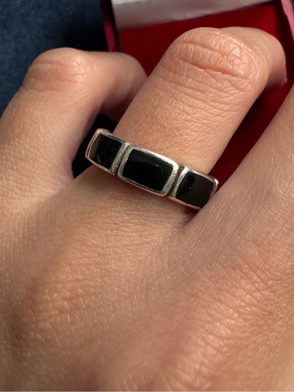 925 Sterling Silver rectangular black onyx stones Band Ring size 5